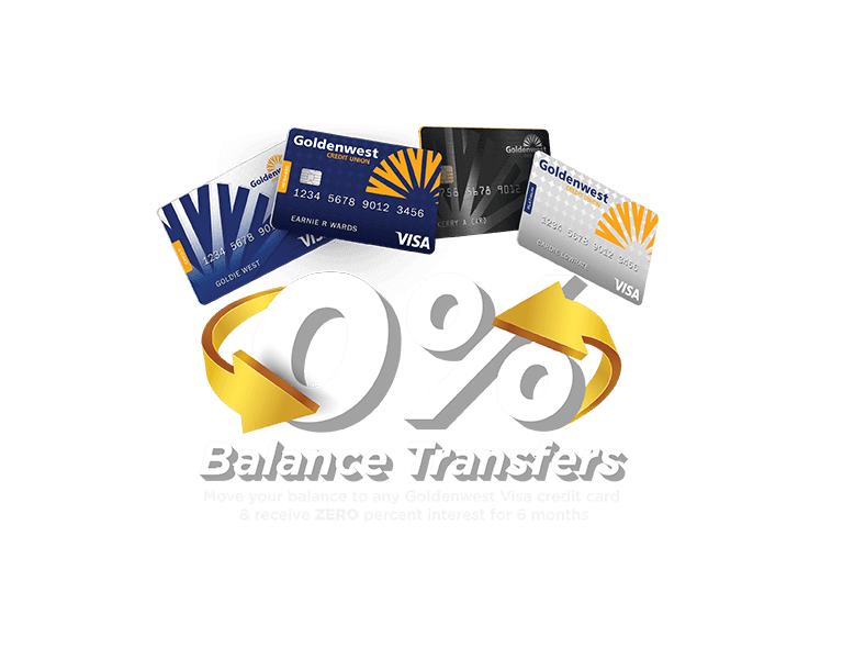 0% Interest on Balance Transfers for 6 months. Rates as low as 11.74% APR. Move your balance to any Goldenwest Visa Card & receive ZERO percent interest for 6 months.