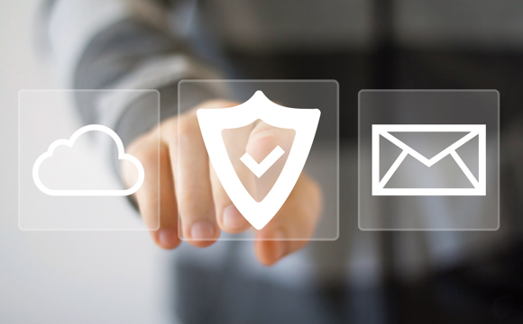 A stylized image of a hand behind some floating icons of a cloud, shield, and envelope.
