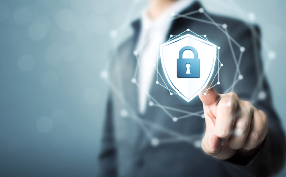 A stylized graphic of a person in a suit behind a floating padlock security icon.