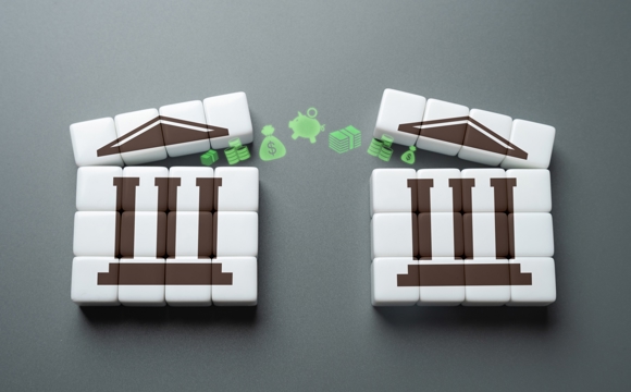 A graphic of money flowing between two toy financial institution tiles.