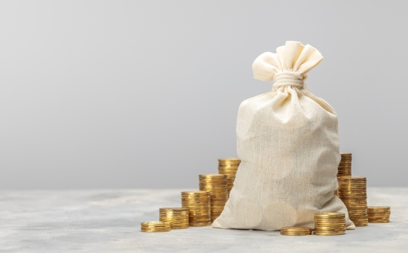 A money Bag surrounded by gold coins.