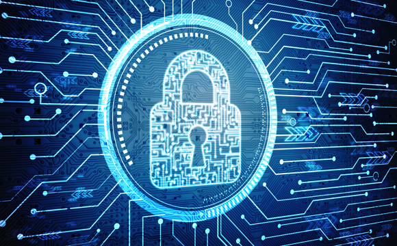 A graphic design of a neon blue lock