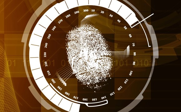 A graphic image of a fingerprint on a scanner.