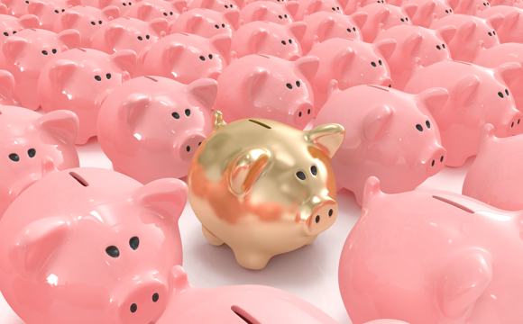 A gold piggy bank in a sea of pink piggy banks.